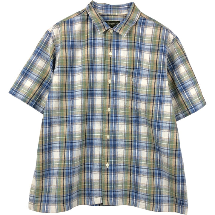 Eddie Bauer Relaxed Fit Check Pattern Short Sleeve Cotton and Linen Box Shirt, Men's Size L linen blue type Vintage Second Hand