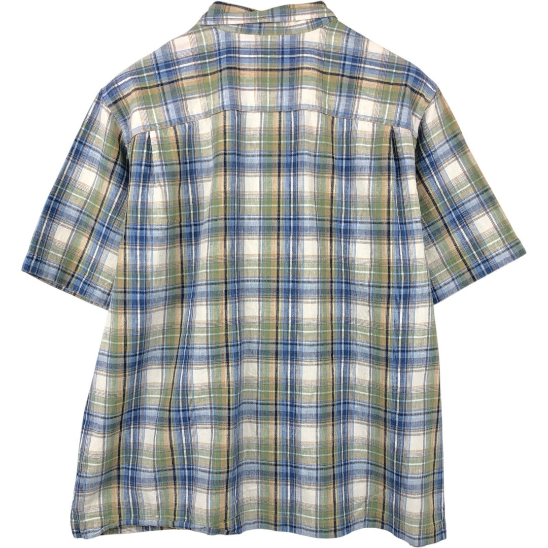 Eddie Bauer Relaxed Fit Check Pattern Short Sleeve Cotton and Linen Box Shirt, Men's Size L linen blue type Vintage Second Hand