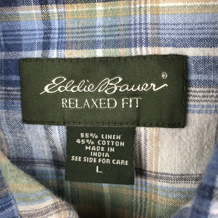 Eddie Bauer Relaxed Fit Check Pattern Short Sleeve Cotton and Linen Box Shirt, Men's Size L linen blue type Vintage Second Hand