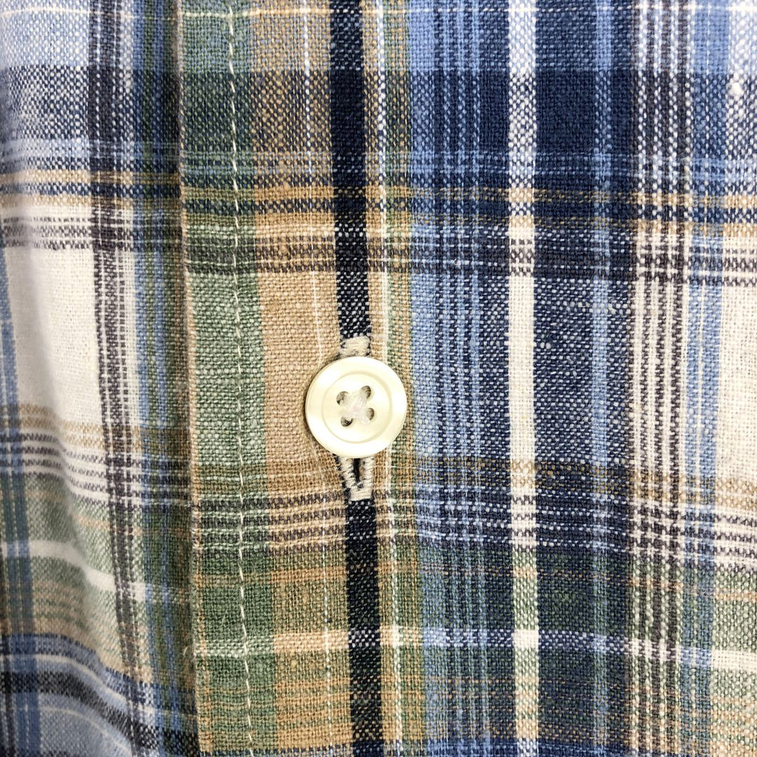 Eddie Bauer Relaxed Fit Check Pattern Short Sleeve Cotton and Linen Box Shirt, Men's Size L linen blue type Vintage Second Hand