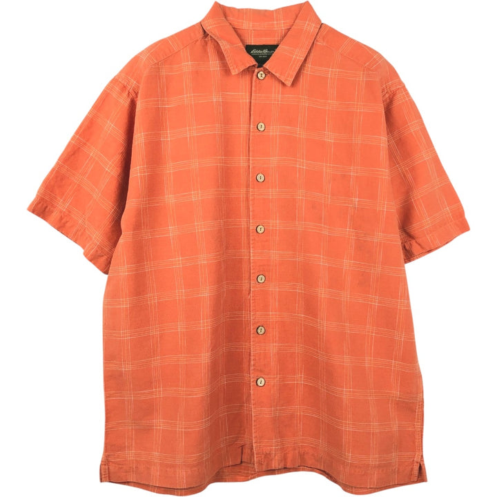 Eddie Bauer Check Pattern Short Sleeve Linen Shirt, Box Shirt, Men's M linen orange type Vintage Second Hand