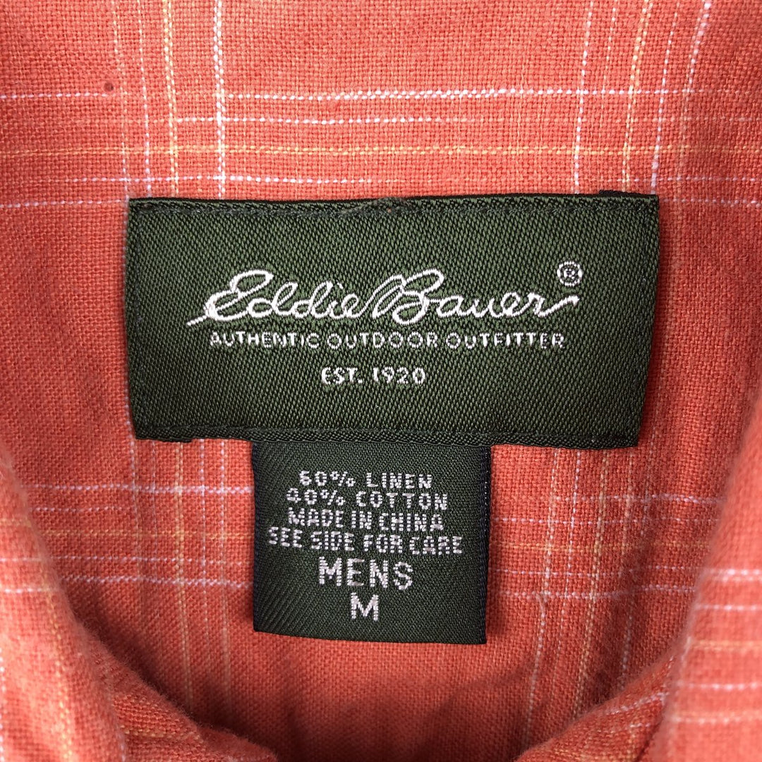 Eddie Bauer Check Pattern Short Sleeve Linen Shirt, Box Shirt, Men's M linen orange type Vintage Second Hand