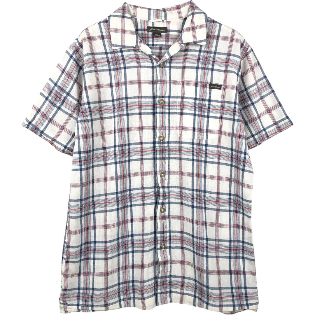 Eddie Bauer Check Pattern Short-Sleeve Open Collar Linen Shirt, Boxy Shirt, Men's Size S (approx.) linen navy blue type Vintage Second Hand