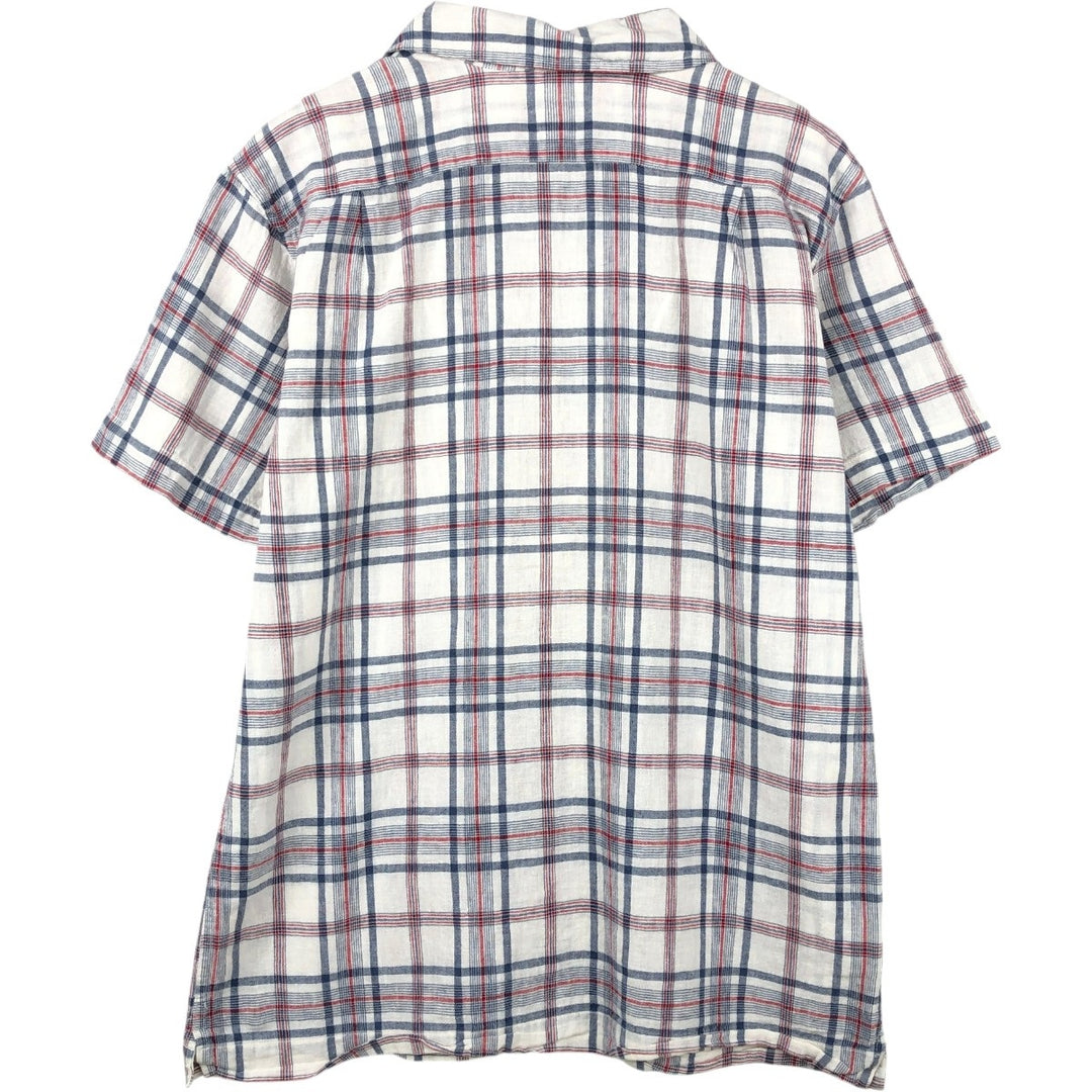 Eddie Bauer Check Pattern Short-Sleeve Open Collar Linen Shirt, Boxy Shirt, Men's Size S (approx.) linen navy blue type Vintage Second Hand