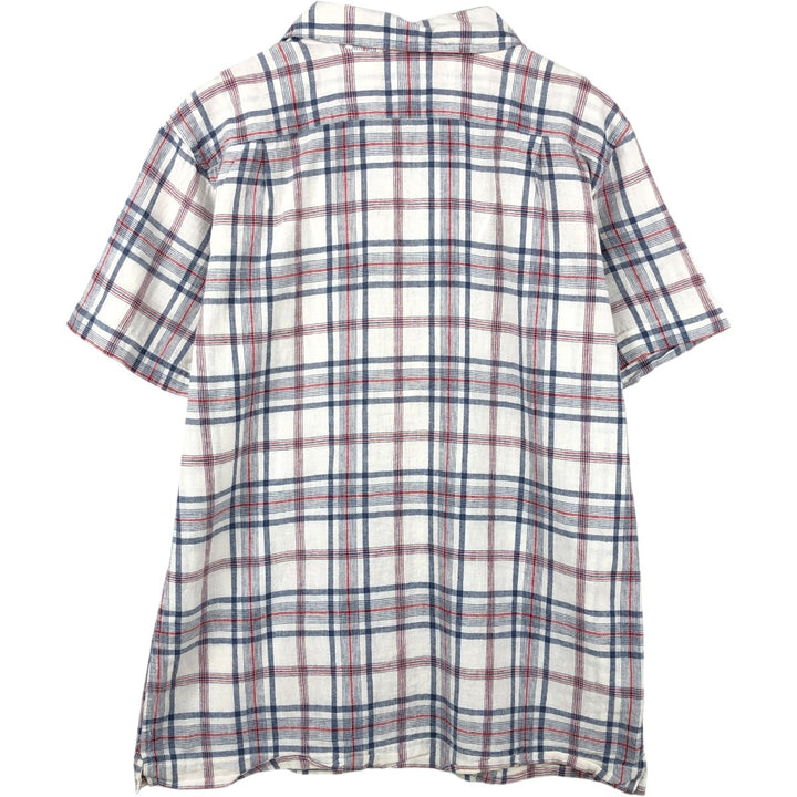 Eddie Bauer Check Pattern Short-Sleeve Open Collar Linen Shirt, Boxy Shirt, Men's Size S (approx.) linen navy blue type Vintage Second Hand
