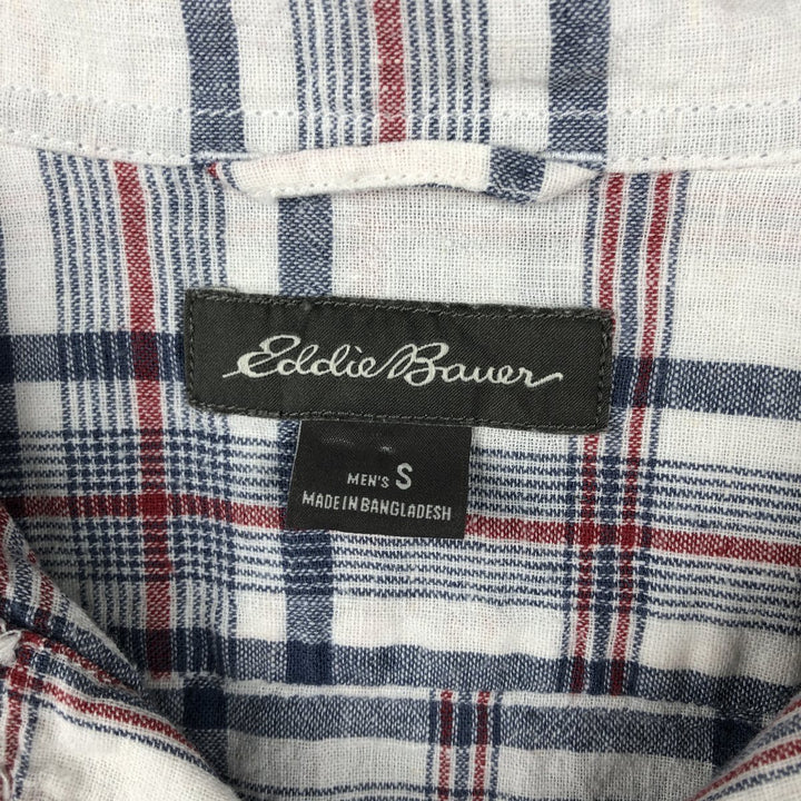 Eddie Bauer Check Pattern Short-Sleeve Open Collar Linen Shirt, Boxy Shirt, Men's Size S (approx.) linen navy blue type Vintage Second Hand