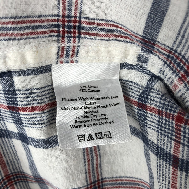 Eddie Bauer Check Pattern Short-Sleeve Open Collar Linen Shirt, Boxy Shirt, Men's Size S (approx.) linen navy blue type Vintage Second Hand