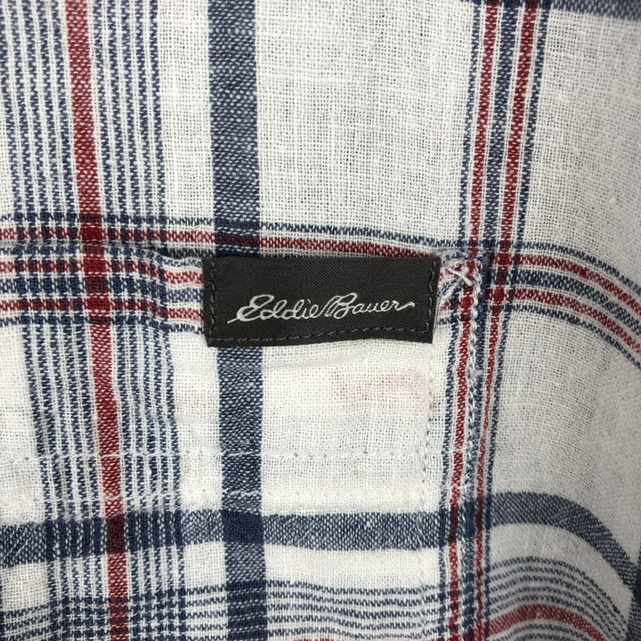 Eddie Bauer Check Pattern Short-Sleeve Open Collar Linen Shirt, Boxy Shirt, Men's Size S (approx.) linen navy blue type Vintage Second Hand