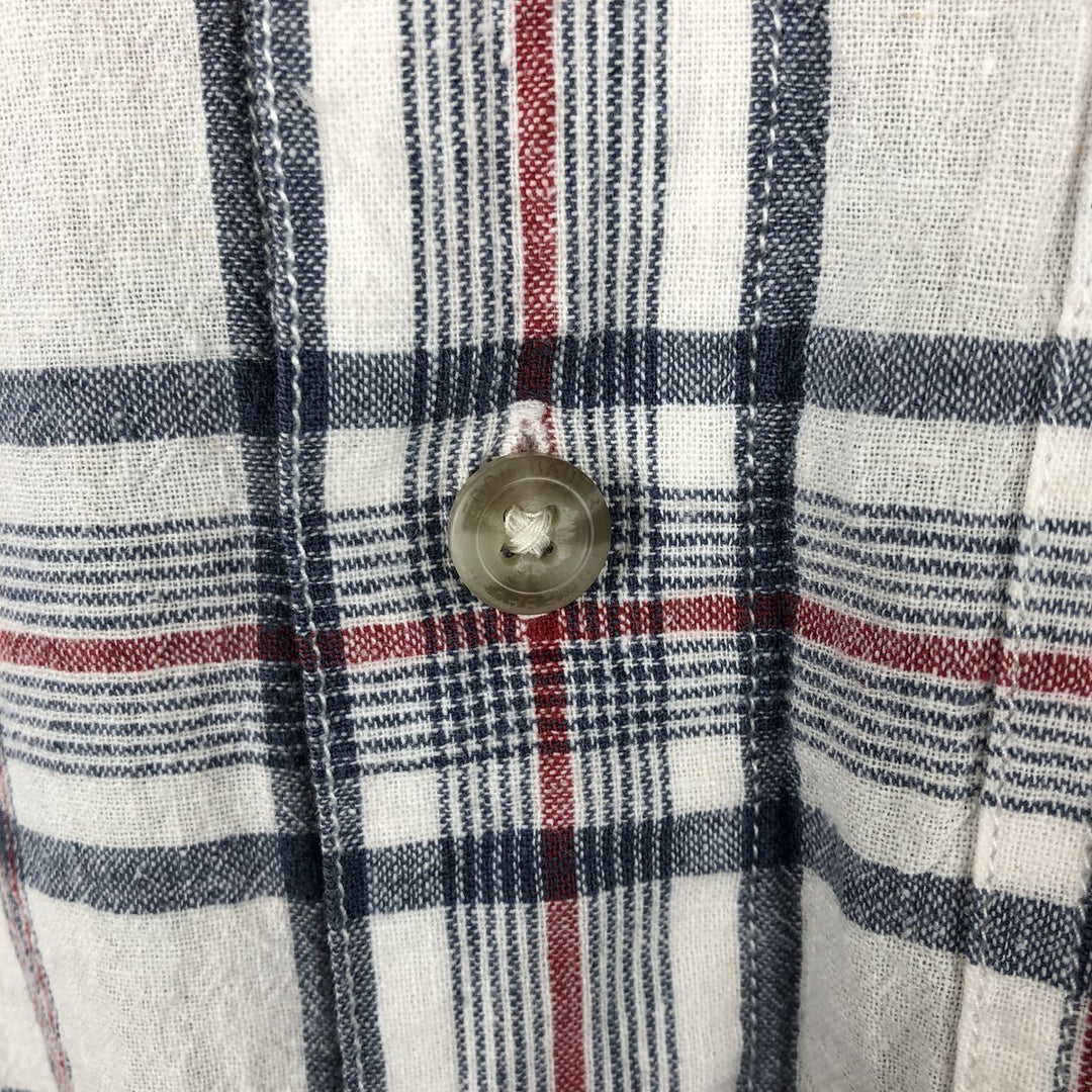 Eddie Bauer Check Pattern Short-Sleeve Open Collar Linen Shirt, Boxy Shirt, Men's Size S (approx.) linen navy blue type Vintage Second Hand