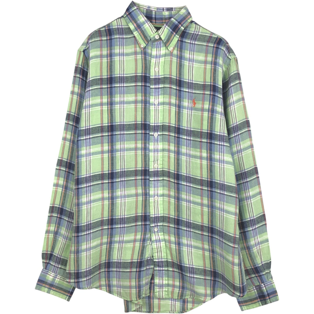 Ralph Lauren CUSTOM FIT Check Pattern Madras Check Long-Sleeve Linen Button-Down Shirt (Men's Size M) linen green type yellow green Vintage Second Hand