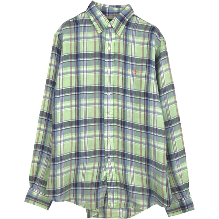 Ralph Lauren CUSTOM FIT Check Pattern Madras Check Long-Sleeve Linen Button-Down Shirt (Men's Size M) linen green type yellow green Vintage Second Hand