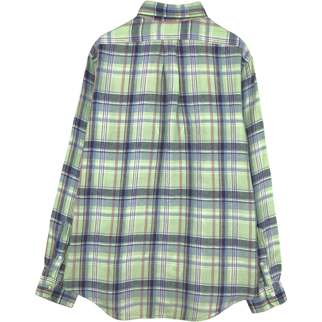 Ralph Lauren CUSTOM FIT Check Pattern Madras Check Long-Sleeve Linen Button-Down Shirt (Men's Size M) linen green type yellow green Vintage Second Hand