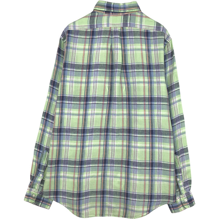 Ralph Lauren CUSTOM FIT Check Pattern Madras Check Long-Sleeve Linen Button-Down Shirt (Men's Size M) linen green type yellow green Vintage Second Hand