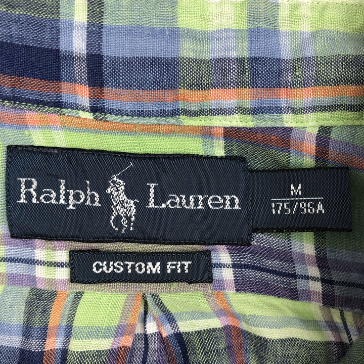 Ralph Lauren CUSTOM FIT Check Pattern Madras Check Long-Sleeve Linen Button-Down Shirt (Men's Size M) linen green type yellow green Vintage Second Hand