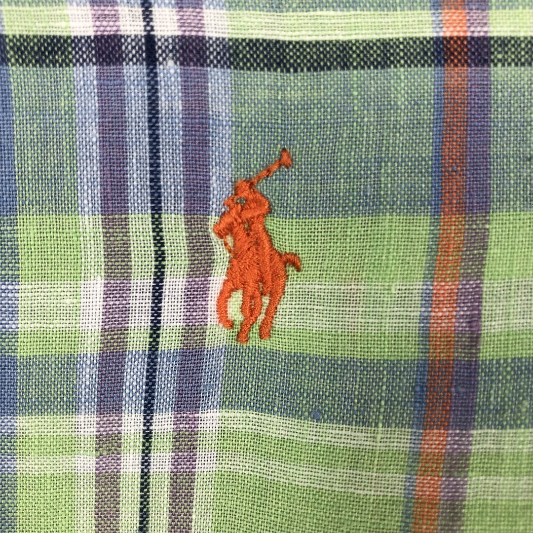 Ralph Lauren CUSTOM FIT Check Pattern Madras Check Long-Sleeve Linen Button-Down Shirt (Men's Size M) linen green type yellow green Vintage Second Hand