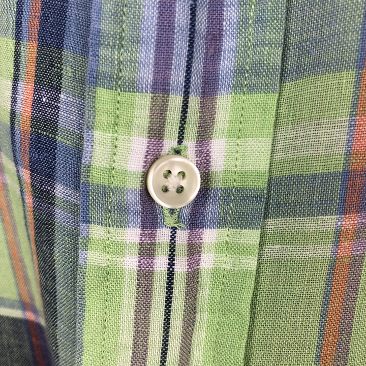 Ralph Lauren CUSTOM FIT Check Pattern Madras Check Long-Sleeve Linen Button-Down Shirt (Men's Size M) linen green type yellow green Vintage Second Hand
