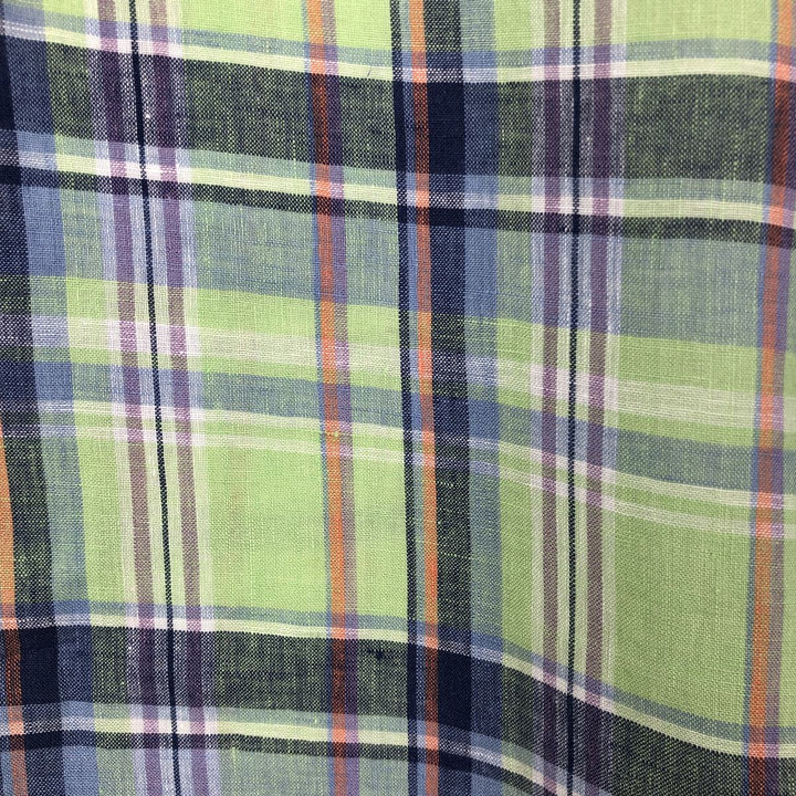 Ralph Lauren CUSTOM FIT Check Pattern Madras Check Long-Sleeve Linen Button-Down Shirt (Men's Size M) linen green type yellow green Vintage Second Hand