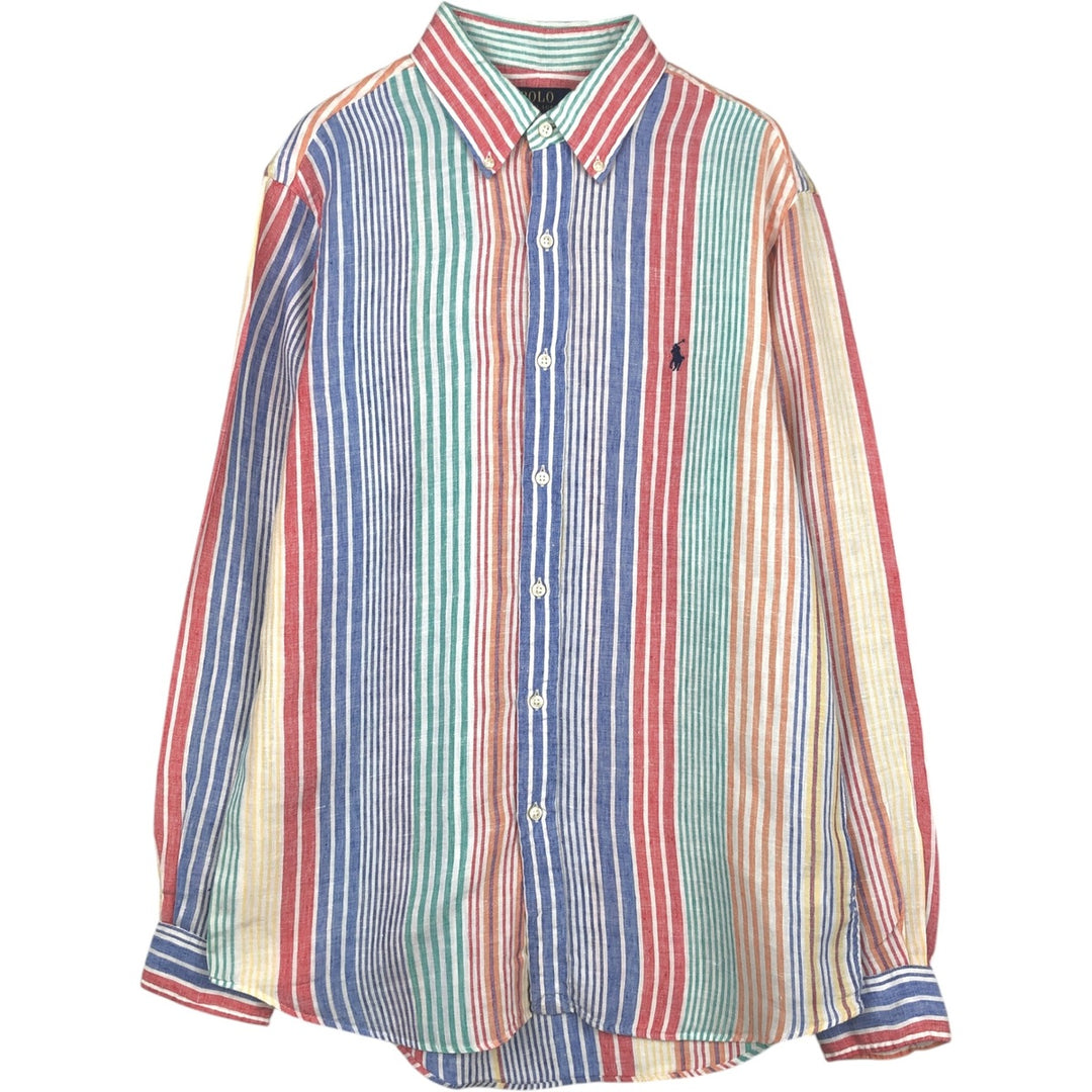 Ralph Lauren POLO RALPH LAUREN CLASSIC FIT Stripe Pattern Long-Sleeve Linen Button-Down Shirt (Men's Size M) linen blue type Vintage Second Hand
