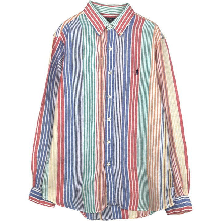 Ralph Lauren POLO RALPH LAUREN CLASSIC FIT Stripe Pattern Long-Sleeve Linen Button-Down Shirt (Men's Size M) linen blue type Vintage Second Hand