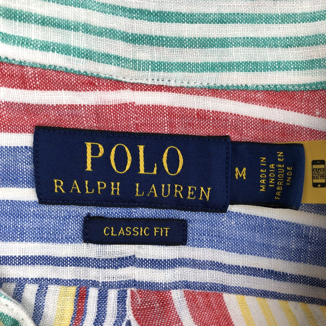 Ralph Lauren POLO RALPH LAUREN CLASSIC FIT Stripe Pattern Long-Sleeve Linen Button-Down Shirt (Men's Size M) linen blue type Vintage Second Hand