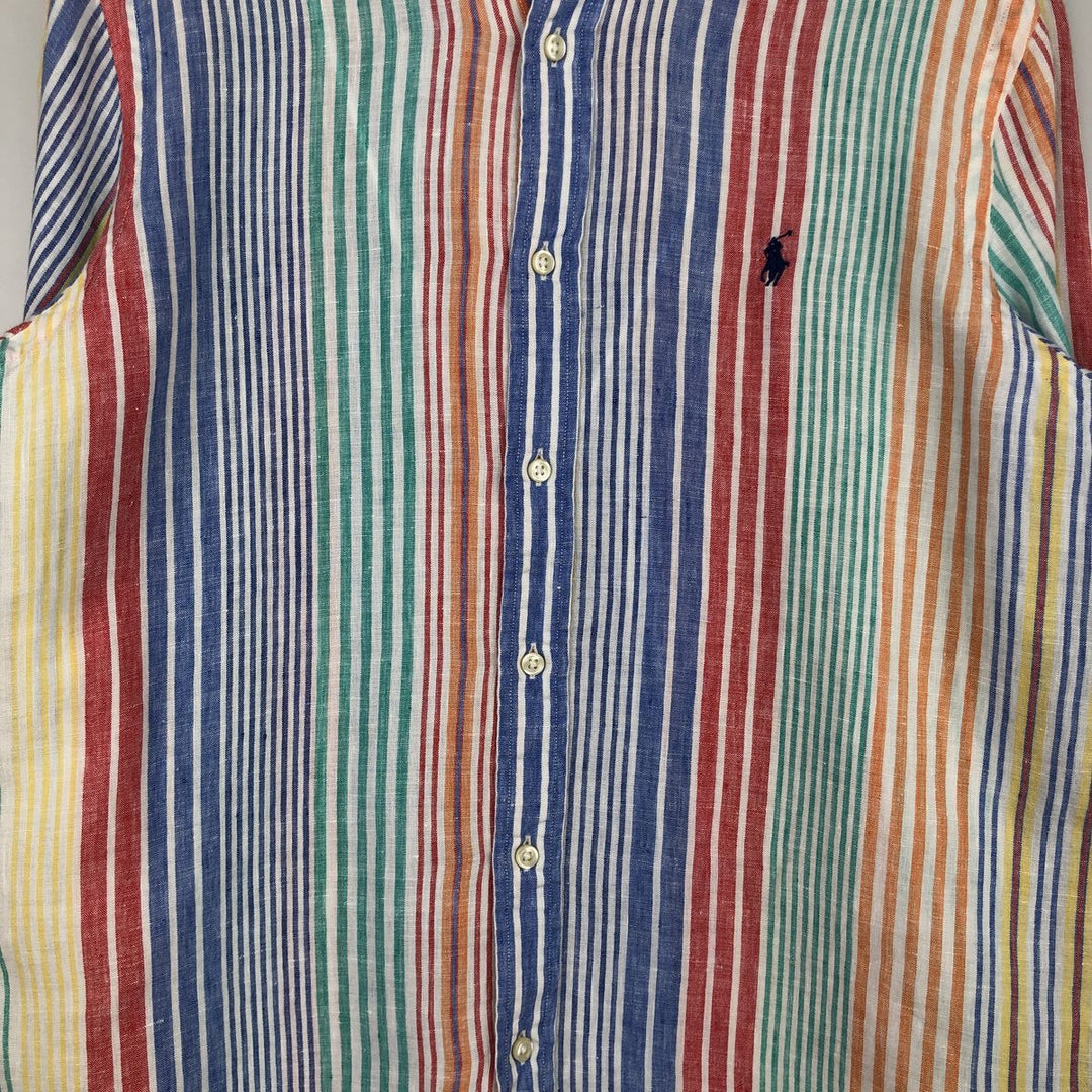 Ralph Lauren POLO RALPH LAUREN CLASSIC FIT Stripe Pattern Long-Sleeve Linen Button-Down Shirt (Men's Size M) linen blue type Vintage Second Hand