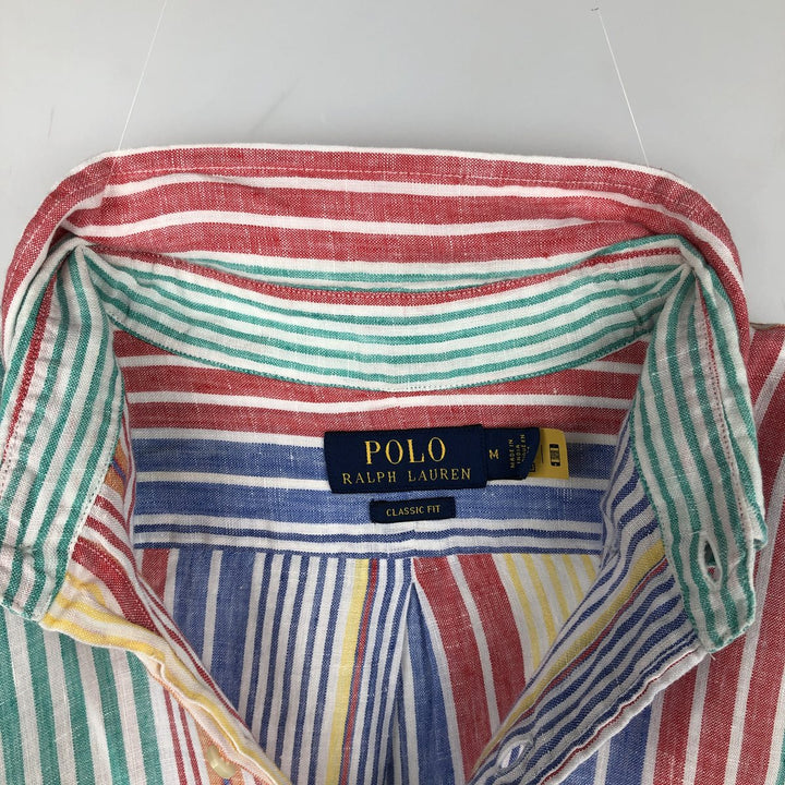 Ralph Lauren POLO RALPH LAUREN CLASSIC FIT Stripe Pattern Long-Sleeve Linen Button-Down Shirt (Men's Size M) linen blue type Vintage Second Hand