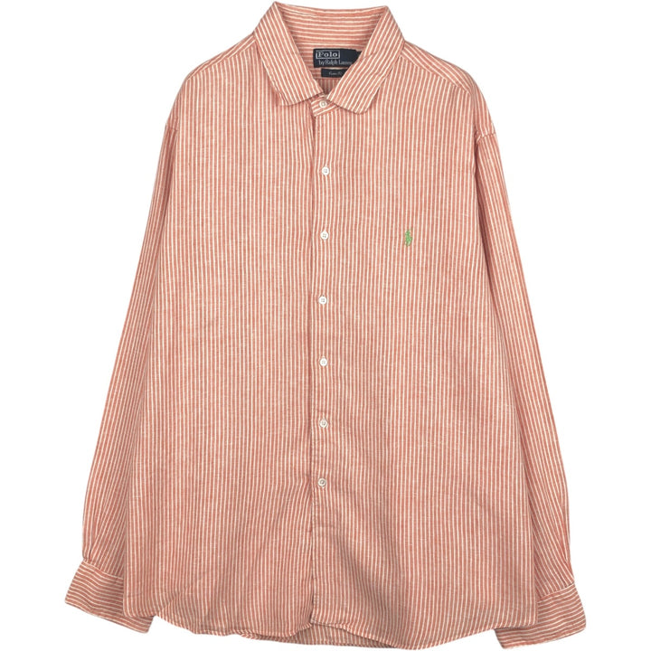 Ralph Lauren POLO by Ralph Lauren CUSTOM FIT Stripe Pattern Long-Sleeve Linen Shirt (Men's XXL equivalent) linen orange type Vintage Second Hand