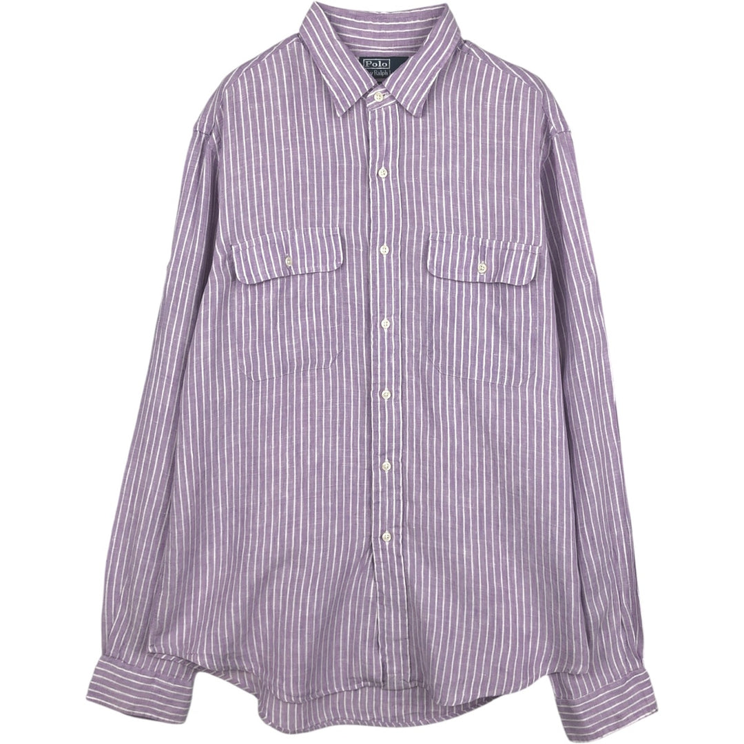 Ralph Lauren POLO by Ralph Lauren CUSTOM FIT Stripe Pattern Long-Sleeve Linen Shirt (Men's Size L equivalent) linen purple type Vintage Second Hand