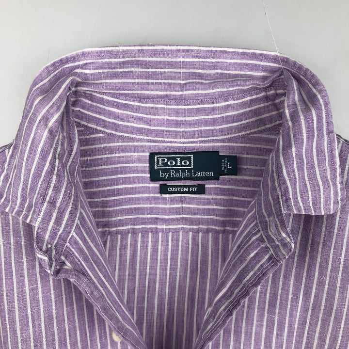 Ralph Lauren POLO by Ralph Lauren CUSTOM FIT Stripe Pattern Long-Sleeve Linen Shirt (Men's Size L equivalent) linen purple type Vintage Second Hand