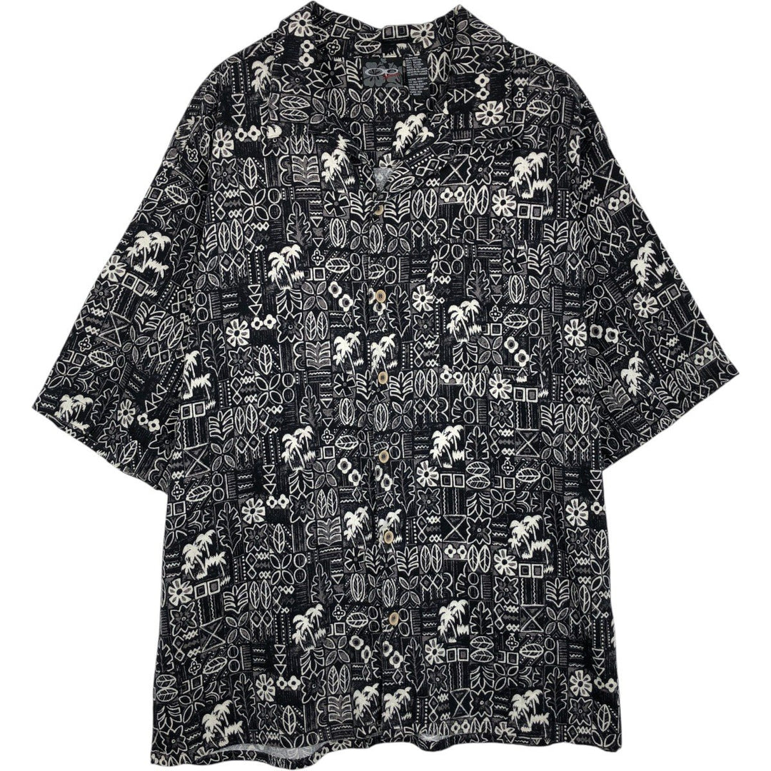 Ocean Pacific all-over print open-collar Hawaiian Aloha shirt, boxy fit, men's size XL equivalent. cotton black type Vintage Second Hand