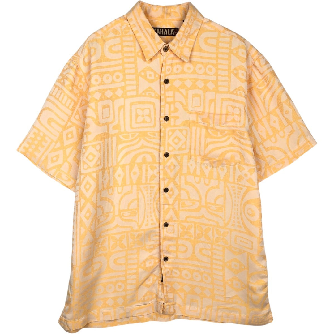 KAHALA All-over Geometric Pattern Rayon Hawaiian Aloha Shirt, Boxy Shirt, Men's Size L (approx.) Rayon orange type Vintage Second Hand