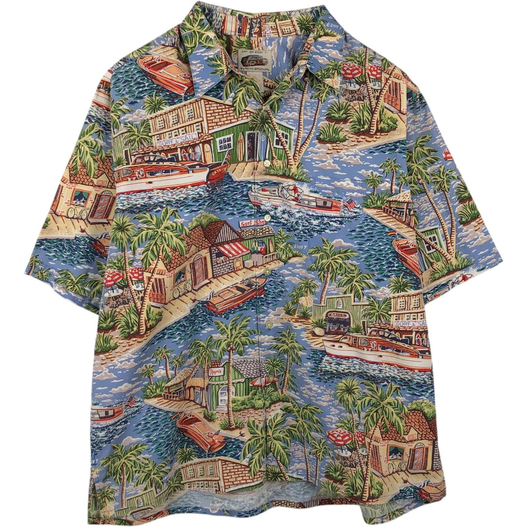 Reyn Spooner ART OF EDDY Y All-over print Open Collar Hawaiian Aloha Shirt Box Shirt Men's XL equivalent cotton blue type Vintage Second Hand