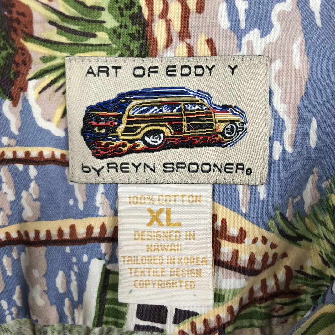 Reyn Spooner ART OF EDDY Y All-over print Open Collar Hawaiian Aloha Shirt Box Shirt Men's XL equivalent cotton blue type Vintage Second Hand