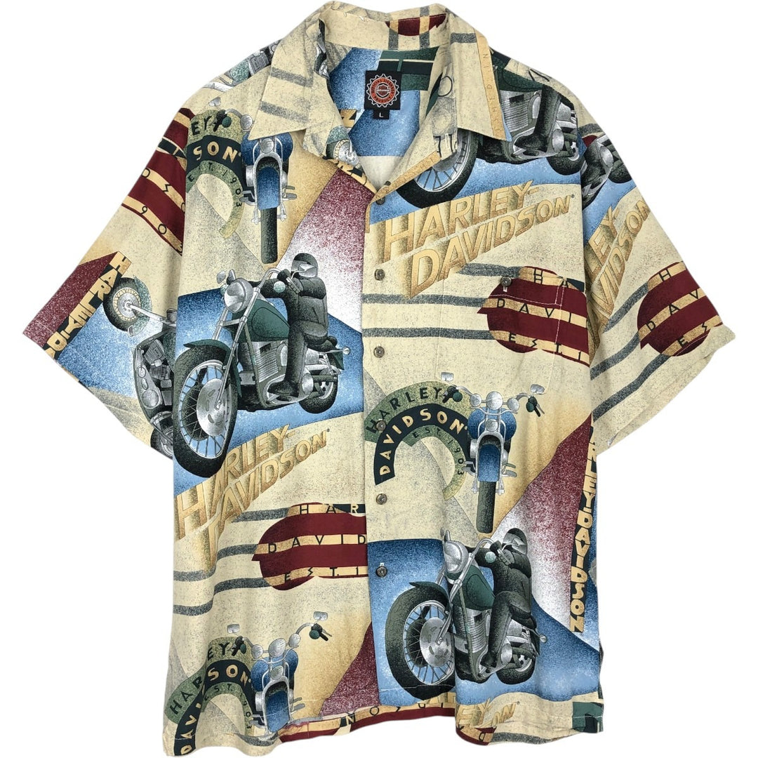 90'S Harley-Davidson all-over print open-collar Hawaiian Aloha shirt, boxy style, men's size L equivalent, vintage. Viscose Beige type Vintage Second Hand