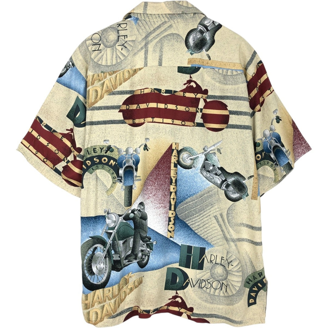 90'S Harley-Davidson all-over print open-collar Hawaiian Aloha shirt, boxy style, men's size L equivalent, vintage. Viscose Beige type Vintage Second Hand