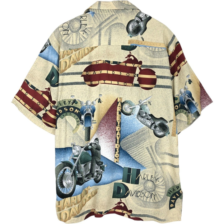 90'S Harley-Davidson all-over print open-collar Hawaiian Aloha shirt, boxy style, men's size L equivalent, vintage. Viscose Beige type Vintage Second Hand
