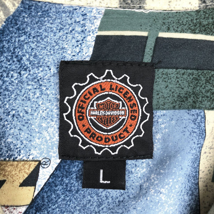 90'S Harley-Davidson all-over print open-collar Hawaiian Aloha shirt, boxy style, men's size L equivalent, vintage. Viscose Beige type Vintage Second Hand