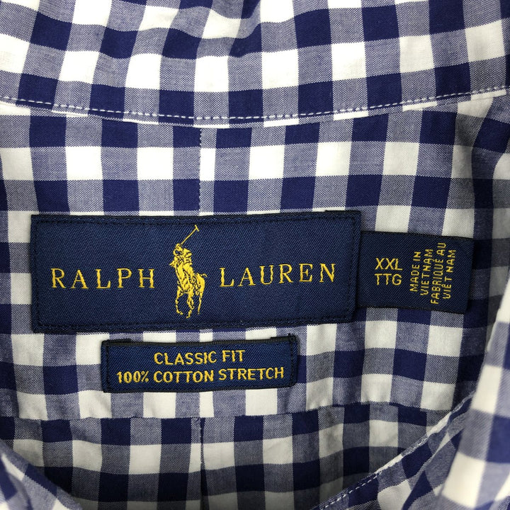 Ralph Lauren Classic Fit Gingham Check Short-Sleeve Button-Down Check Shirt, Men's Size XXL (approx.) cotton navy blue type Vintage Second Hand