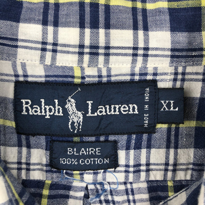 Ralph Lauren BLAIRE short sleeve button down check shirt men's XL size cotton navy blue type Vintage Second Hand
