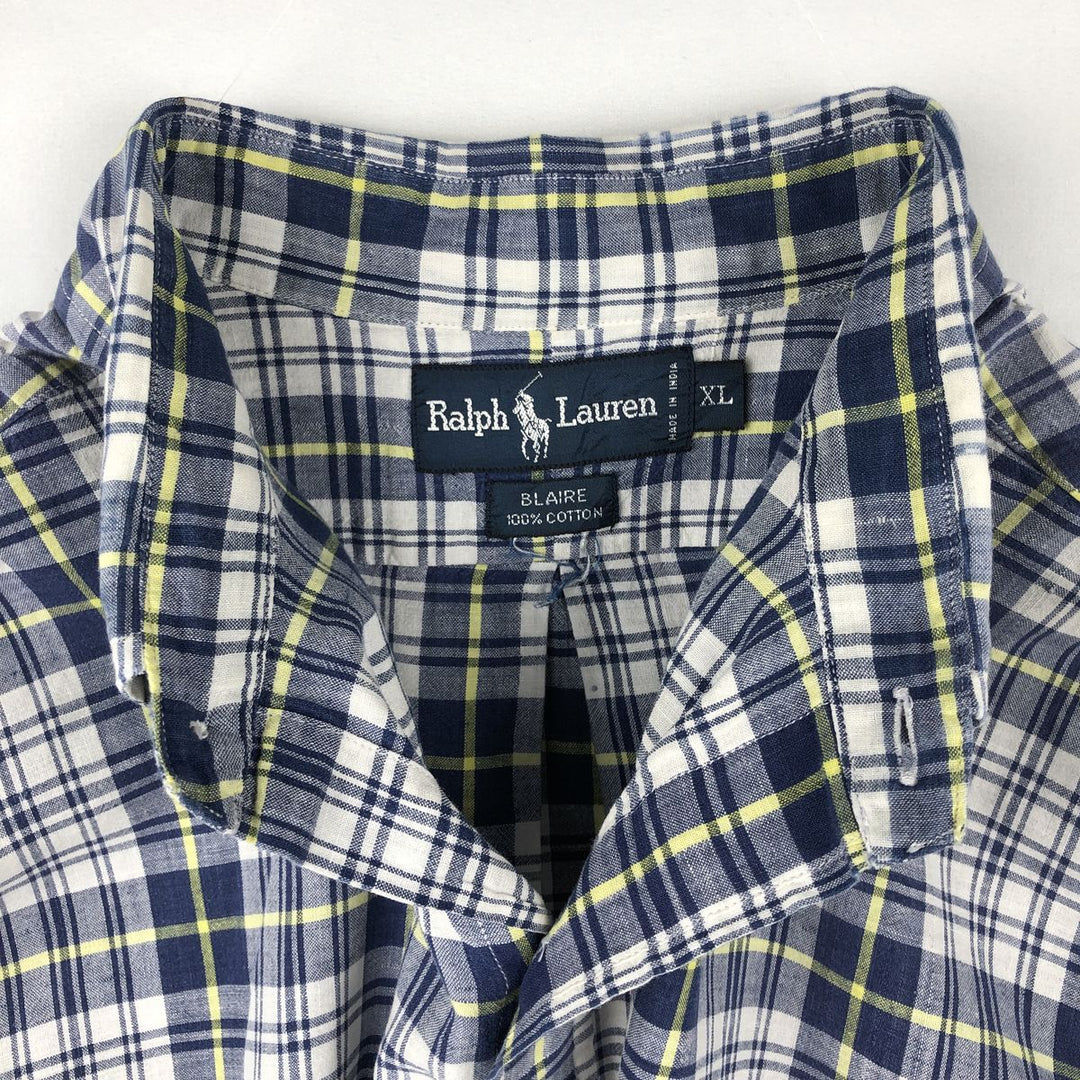 Ralph Lauren BLAIRE short sleeve button down check shirt men's XL size cotton navy blue type Vintage Second Hand