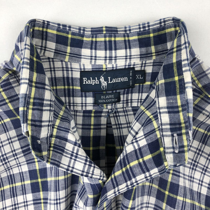 Ralph Lauren BLAIRE short sleeve button down check shirt men's XL size cotton navy blue type Vintage Second Hand