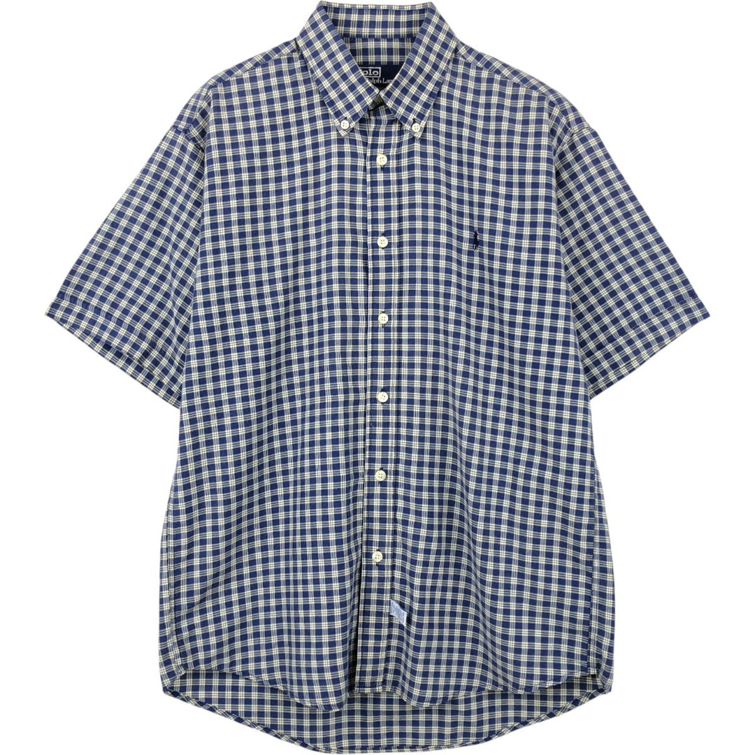 90'S Ralph Lauren POLO by Ralph Lauren Short-Sleeve Button-Down Check Shirt, Made in USA, Men's Size M (Equivalent), Vintage cotton navy blue type Vintage Second Hand