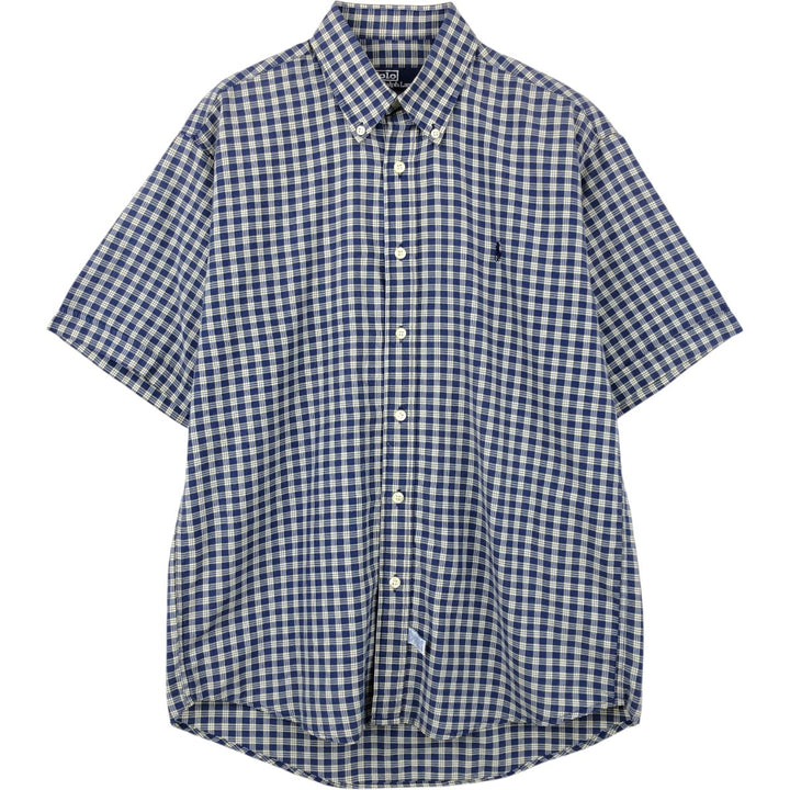 90'S Ralph Lauren POLO by Ralph Lauren Short-Sleeve Button-Down Check Shirt, Made in USA, Men's Size M (Equivalent), Vintage cotton navy blue type Vintage Second Hand