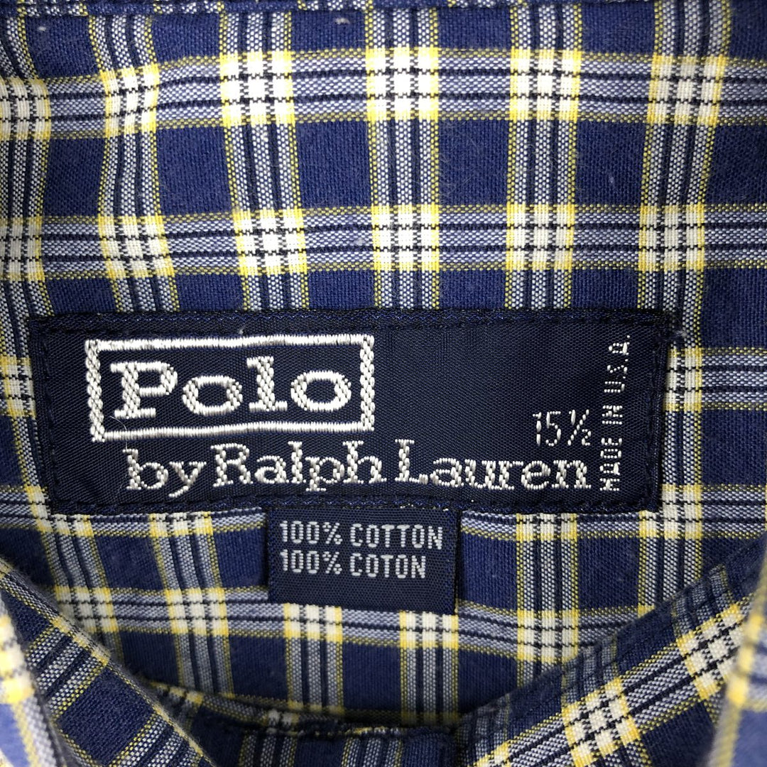 90'S Ralph Lauren POLO by Ralph Lauren Short-Sleeve Button-Down Check Shirt, Made in USA, Men's Size M (Equivalent), Vintage cotton navy blue type Vintage Second Hand