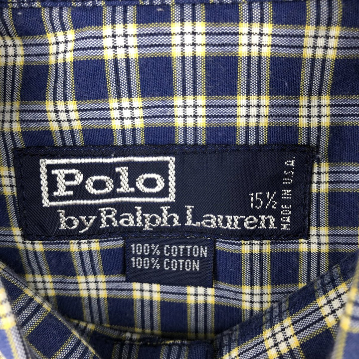 90'S Ralph Lauren POLO by Ralph Lauren Short-Sleeve Button-Down Check Shirt, Made in USA, Men's Size M (Equivalent), Vintage cotton navy blue type Vintage Second Hand
