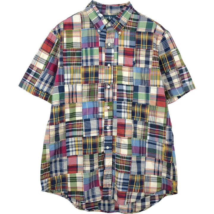 Ralph Lauren CUSTOM FIT Patchwork Short-Sleeve Button-Down Check Shirt, Men's Size L (approx.) unclear navy blue type Vintage Second Hand
