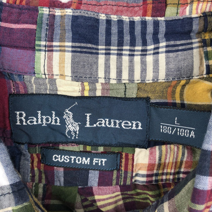 Ralph Lauren CUSTOM FIT Patchwork Short-Sleeve Button-Down Check Shirt, Men's Size L (approx.) unclear navy blue type Vintage Second Hand