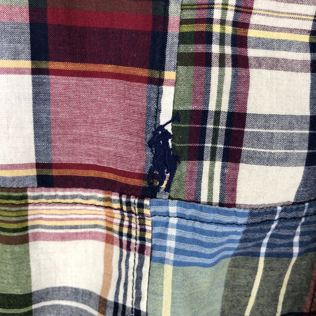 Ralph Lauren CUSTOM FIT Patchwork Short-Sleeve Button-Down Check Shirt, Men's Size L (approx.) unclear navy blue type Vintage Second Hand