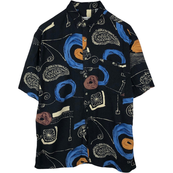 Pierre Cardin all-over print short-sleeved rayon shirt, boxy fit, men's size L. Rayon black type Vintage Second Hand