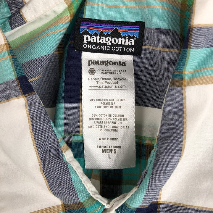 Patagonia ORGANIC COTTON Men's Go-To Shirt 52690SP13 Check Pattern Short-Sleeve Poly-Cotton Shirt (Men's Size L) Organic cotton turquoise blue Vintage Second Hand